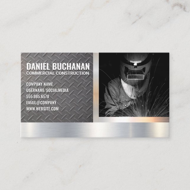 Welder Worker | Sparks | Steel Metallic Business Card (Front)