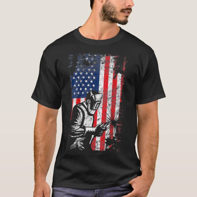 Welding American Flag Welder Fathers Day Design On T-Shirt (Front)