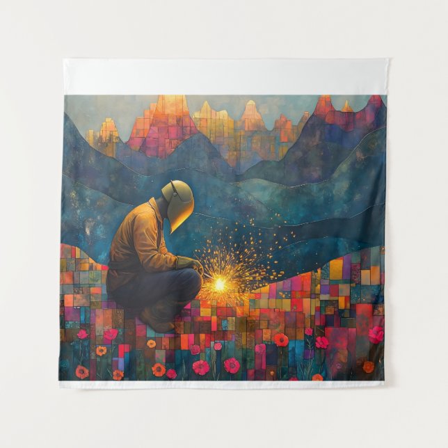 Welding Art - Mountain Landscape with Sparks Tapestry (Front)