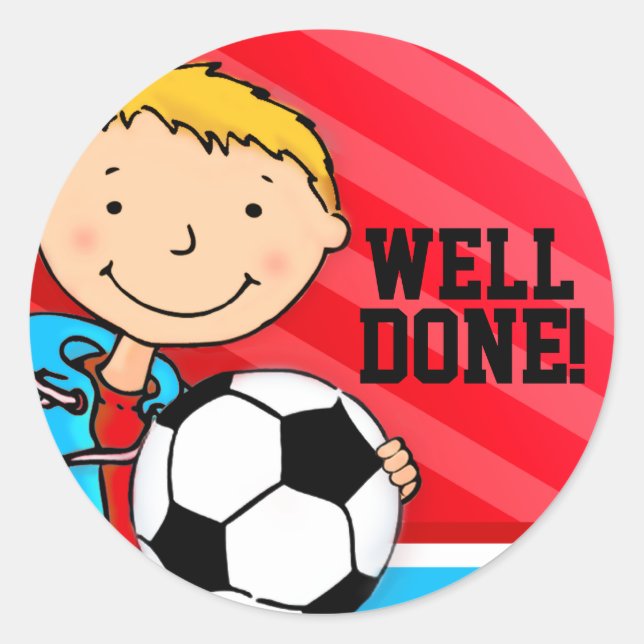 Well done! boys blue football soccer sticker (Front)