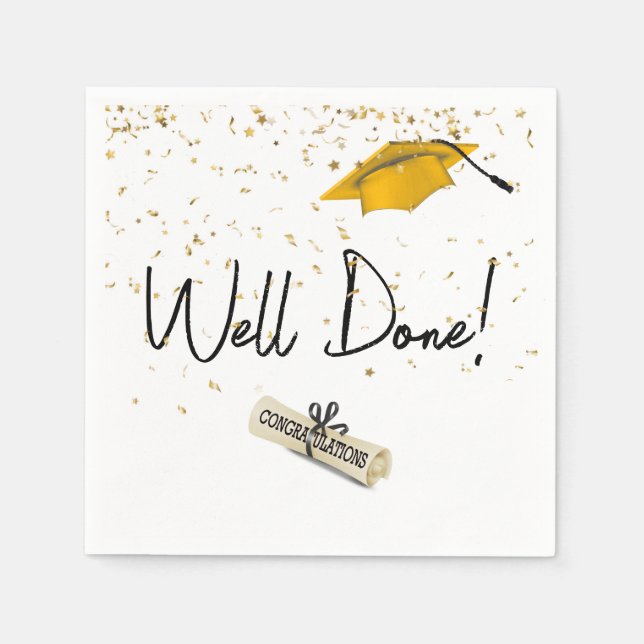 Well Done Graduation Gold Confetti With Gold Cap Napkin (Front)