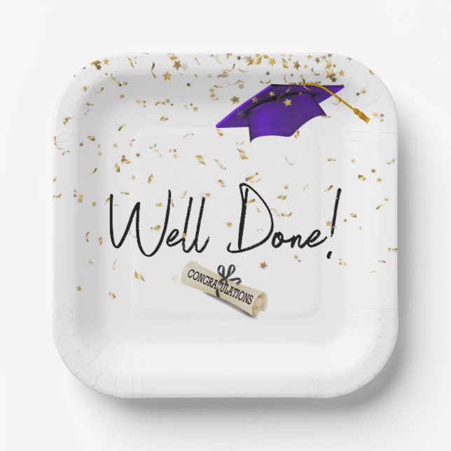 Well Done Graduation Gold Confetti With Purple Cap Paper Plate (Front)