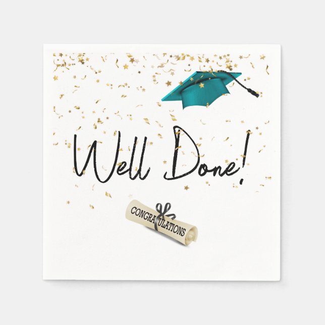 Well Done Graduation Gold Confetti With Teal Cap Napkin (Front)