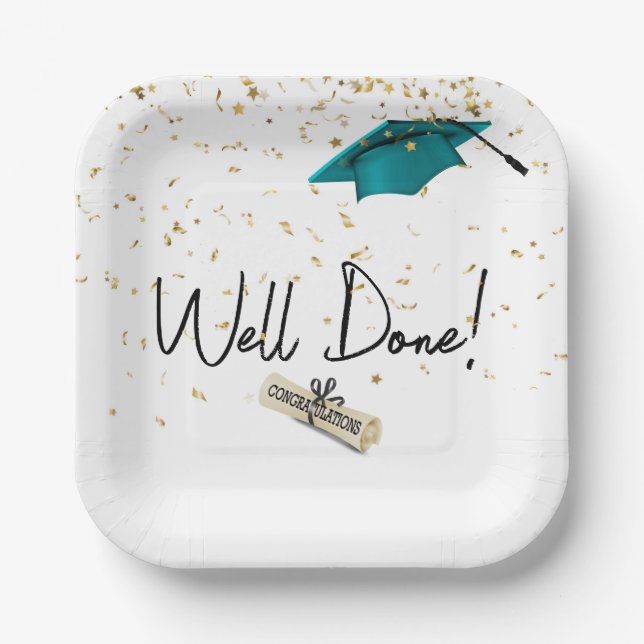 Well Done Graduation Gold Confetti With Teal Cap Paper Plate (Front)