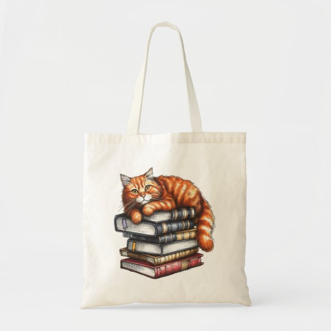 Well read tabby cat; book worm gifts tote bag (Front)