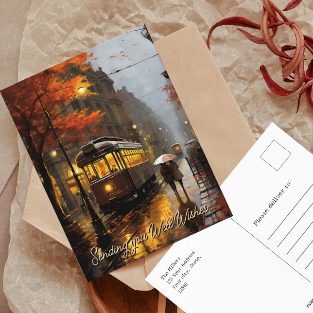  Well Wishes rainy Fall Tram in Lisbon, Portugal Postcard (Well Wishes rainy Fall Tram in Lisbon, Portugal Postcard)