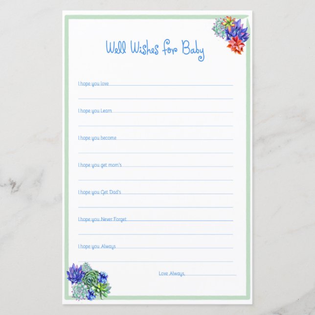 Well Wishes Succulent Baby Shower Activity (Front)