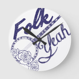 Wellcoda Folk Yeah Music Funny Banjo Rose Round Clock