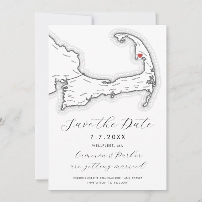 Wellfleet MA Cape Cod Map Black and White Wedding Save The Date (Front)