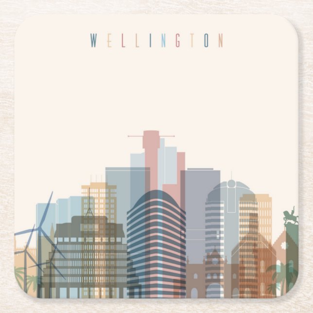 Wellington, New Zealand | City Skyline Square Paper Coaster (Front)