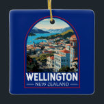 Wellington New Zealand Travel Art Vintage Ceramic Ornament<br><div class="desc">Wellington retro vector travel design. Wellington,  the capital of New Zealand,  sits near the North Island’s southernmost point on the Cook Strait.</div>