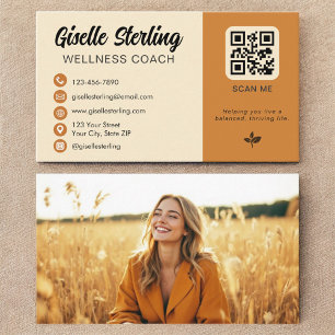 Wellness Coach Yellow Orange QR Code Photo Business Card