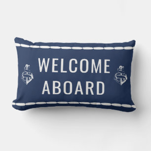 Welocme Aboard white Anchor on Blue Lumbar Cushion