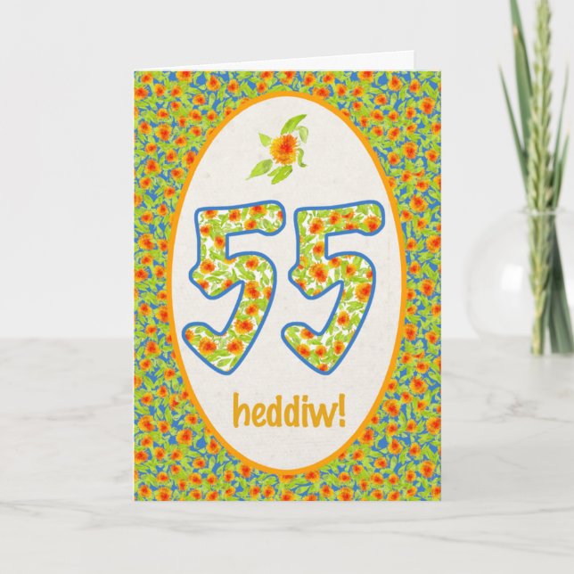Welsh 55th Birthday Card, Orange Pot Marigolds Card (Front)