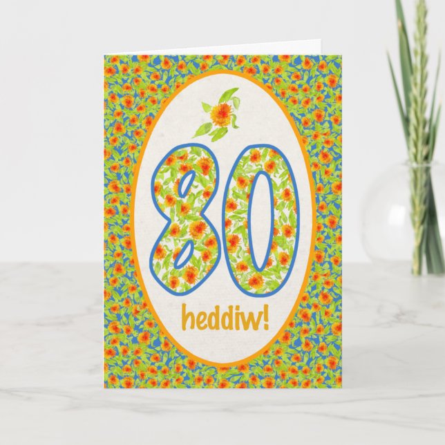 Welsh 80th Birthday Card, Orange Pot Marigolds Card (Front)