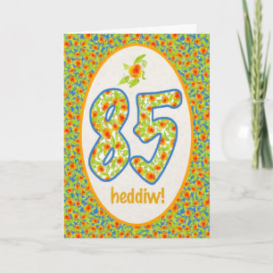 Welsh 85th Birthday Card, Orange Pot Marigolds Card
