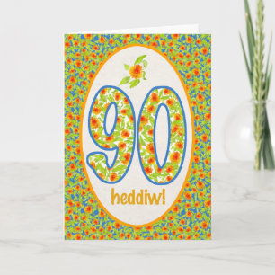Welsh 90th Birthday Card, Orange Pot Marigolds Card