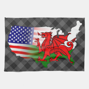 Welsh American Flags Map Tea Towel