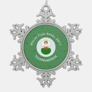 Welsh Angel Christmas Flag Personalised  Snowflake Pewter Christmas Ornament