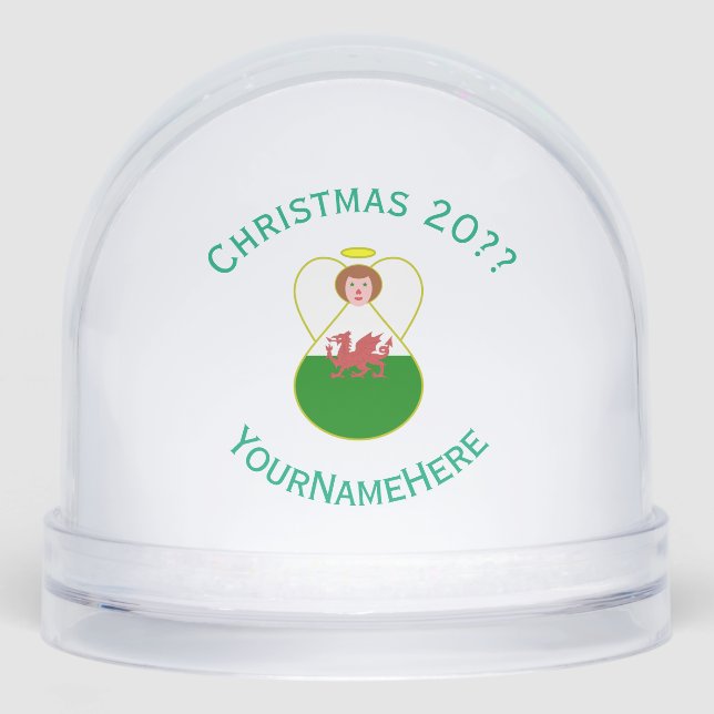 Welsh Angel Christmas Flag Personalised Snowglobe (Front)