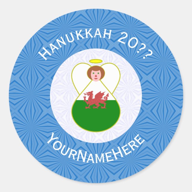 Welsh Angel Hanukkah Flag Personalised  Classic Round Sticker (Front)