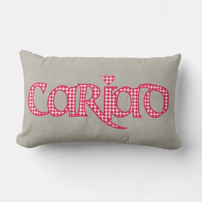 Welsh Cariad Gingham Text Design on Faux Burlap Lumbar Cushion (Front)