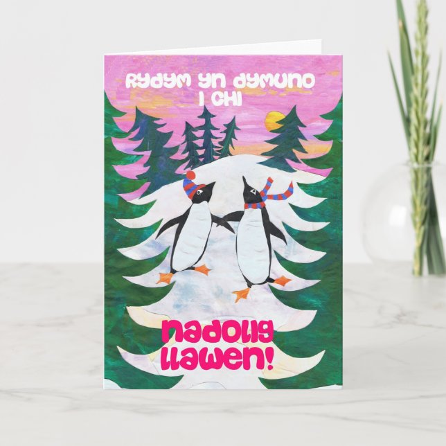 Welsh Christmas Card - Skating Penguins (Front)