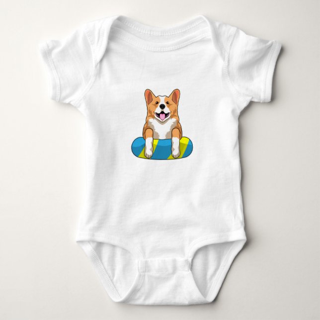 Welsh Corgi at Swimming with Swimming board Baby Bodysuit (Front)