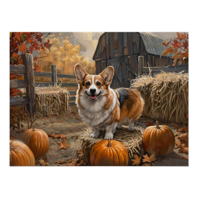 Welsh Corgi Autumn Pumpkin Farm Poster (Front)
