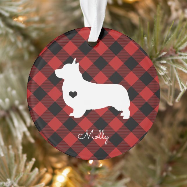 Welsh Corgi Christmas Plaid Dog Name Ornament (Tree)