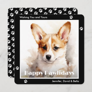 Welsh Corgi Dog Black Watercolor Christmas Holiday Card