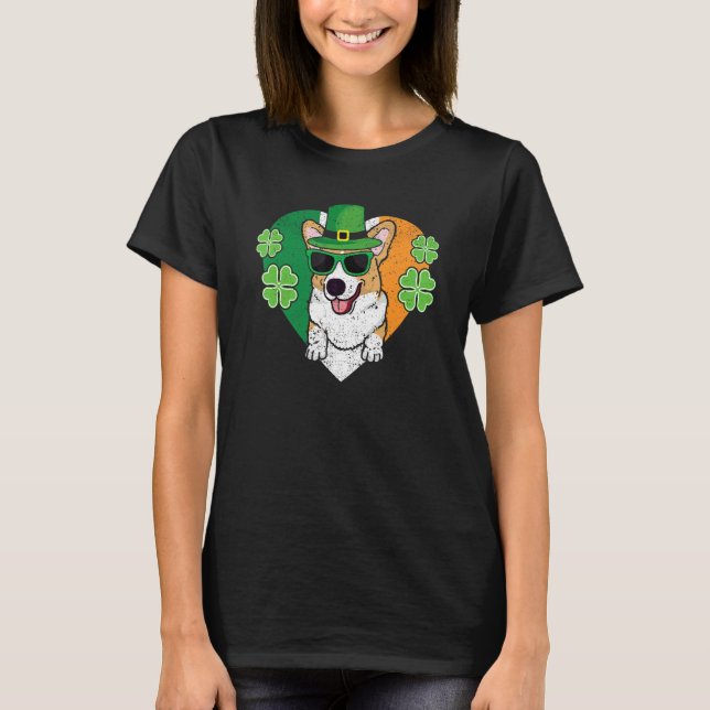 Welsh Corgi Dog Leprechaun Hat Irish Flag St Patri T-Shirt (Front)