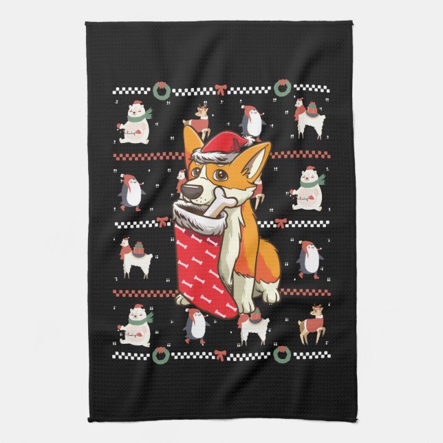 Welsh Corgi Dog Ugly Christmas Tea Towel (Vertical)