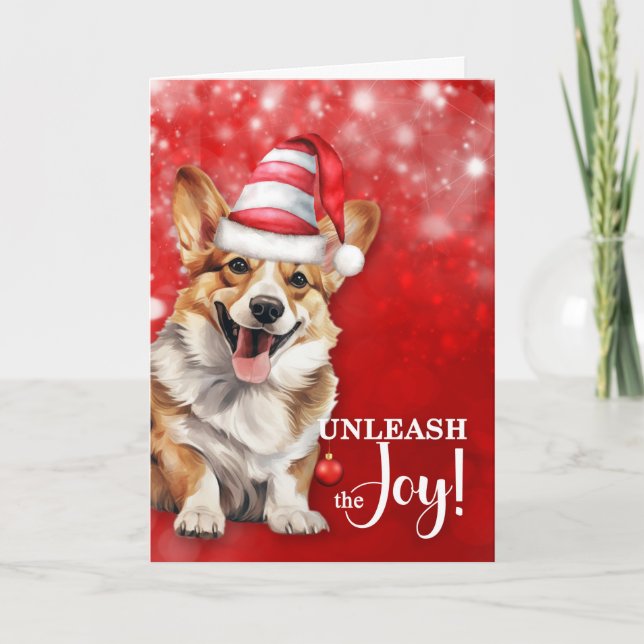 Welsh Corgi Dog Unleash the Joy Christmas Holiday Card (Front)