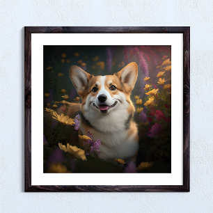Welsh Corgi in a Colourful Garden Poster