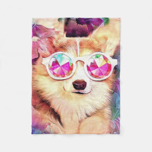 Welsh Corgi with flowers and crazy glasses Fleece Blanket