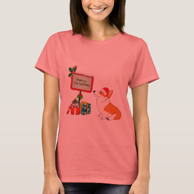 Welsh Corgi with Santa Hat and Sign T-Shirt (Front)