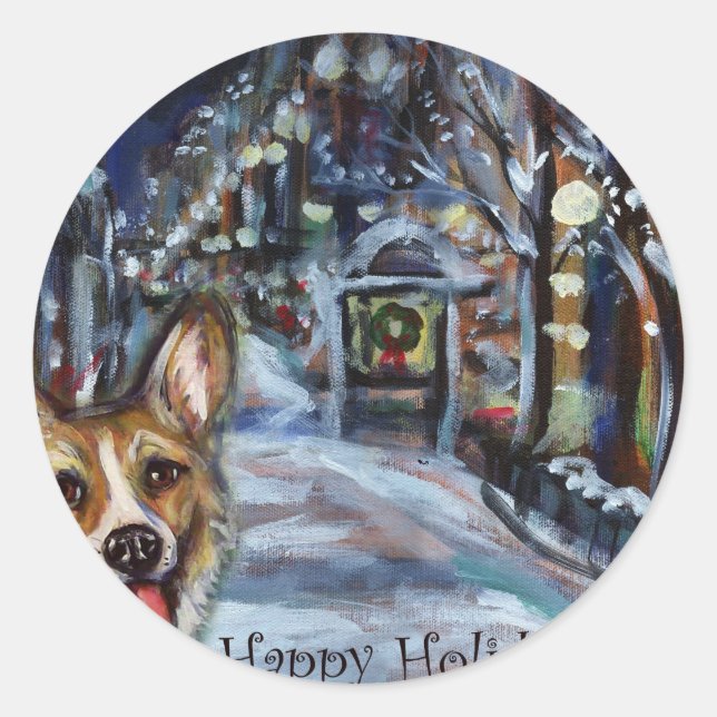 Welsh Corgi Xmas Wintry scene Classic Round Sticker (Front)