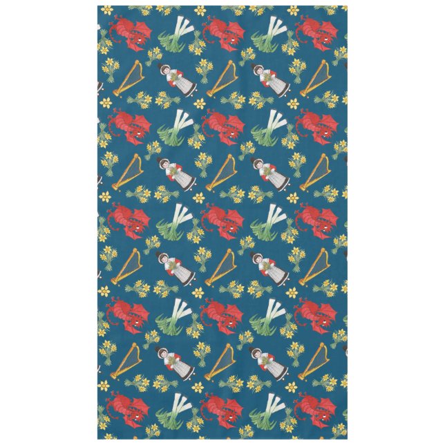 Welsh Costume and Emblems, Blue Cotton Tablecloth (Front)