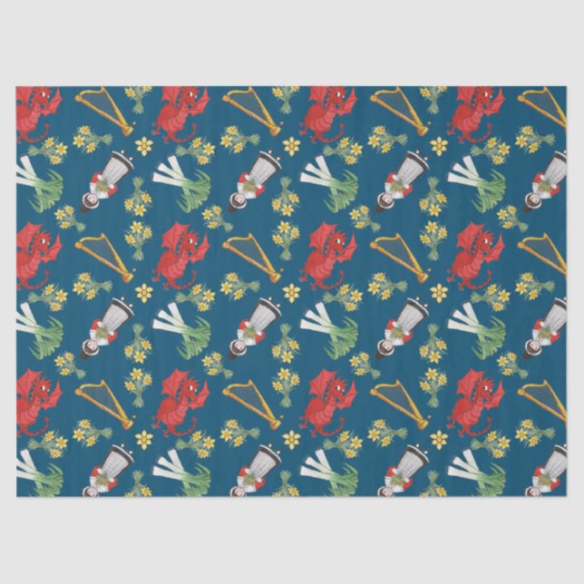 Welsh Costume and Emblems on Blue Tissue Paper (Front)