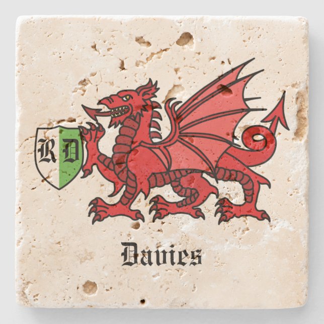Welsh Dragon Custom Name and Monogram Stone Coaster (Front)