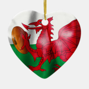 Welsh Dragon Rugby Ball Flag Ceramic Tree Decoration