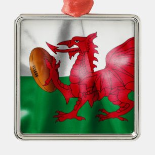 Welsh Dragon Rugby Ball Flag Metal Tree Decoration