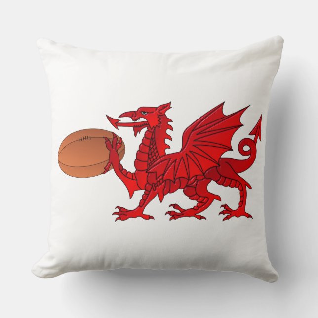 Welsh Dragon With a Rugby Ball Throw Pillow (Front)