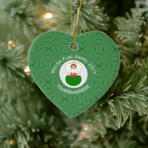 Welsh Flag Angel Christmas Green White Ceramic Tree Decoration
