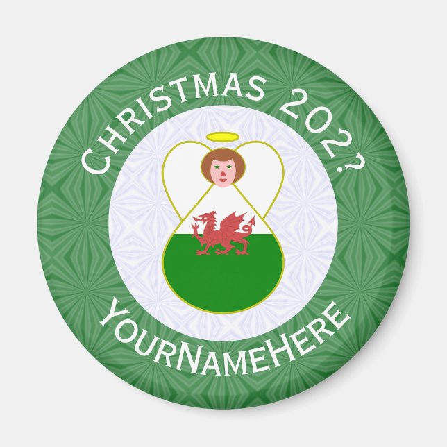 Welsh Flag Christmas Angel Personalised Magnet (Front)