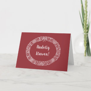 Welsh Greeting Christmas Wreath White, Deep Red Holiday Card