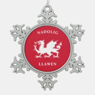 Welsh Merry Christmas Simple Celtic Nadolig Llawen Snowflake Pewter Christmas Ornament