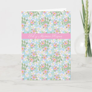 Welsh Mother's Day Card, Pink Dogroses on Blue Card