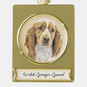 Welsh Springer Spaniel Painting - Original Dog Art Gold Plated Banner Ornament